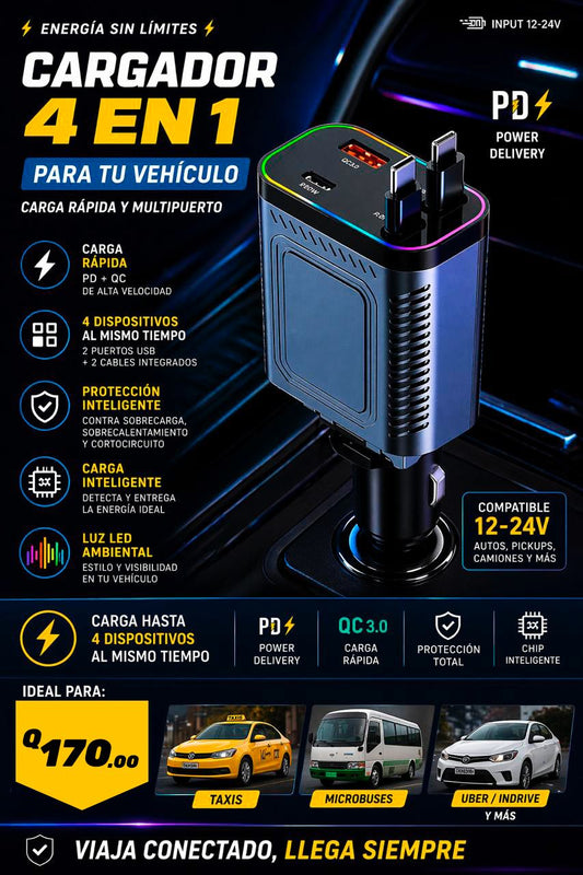 Cargador de automóvil 4 en 1